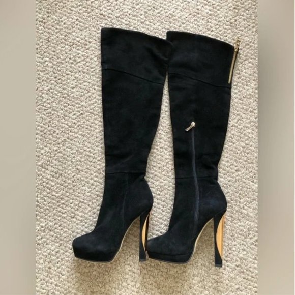 Glossi over the knee high heels suede women’s black with gold boots size 37 - Picture 2 of 16